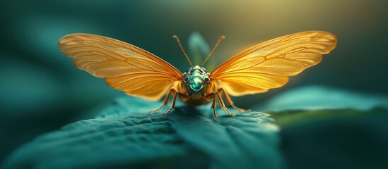 Golden insect on teal leaf, bokeh background, nature art
