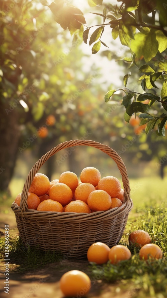 Poster close-up view of a woven basket filled with ripe oranges in a sunlit orchard surrounded by fruit tre