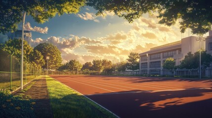 Fototapeta premium Serene Sunset Over Athletic Track in Quiet School Environment