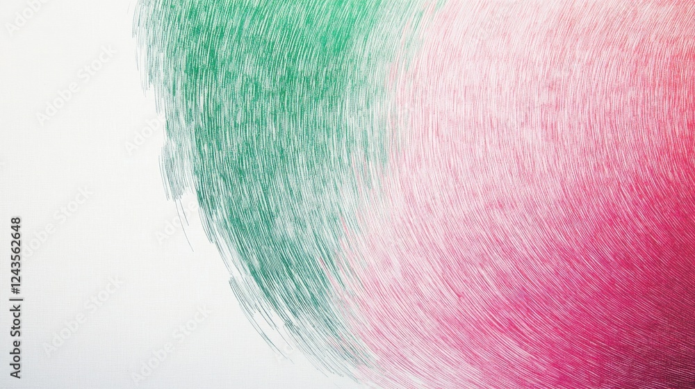 Poster pencil strokes create a vibrant gradient of green and pink arcs on a white surface with a smooth tra