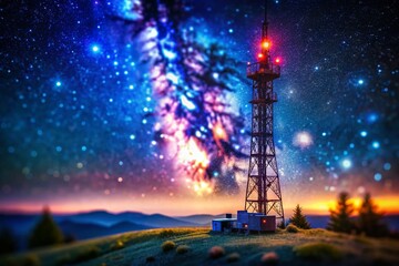 Miniature Starry Night Sky with Cell Tower - Tilt-Shift Photography