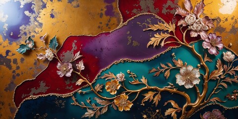 Luxurious Floral Design on Colorful Abstract Background Featuring Elegant Gold Accents and Vintage