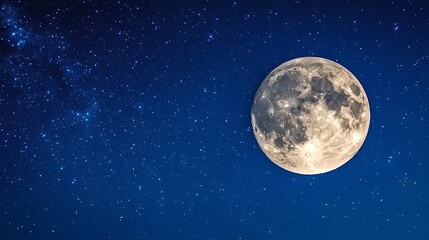 Fototapeta premium Majestic full moon glowing brightly in the dark blue night sky, surrounded by countless twinkling stars, creating a breathtaking and serene celestial scene