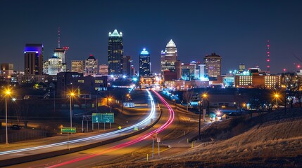 Fototapeta premium Vibrant night highway with light trails stretching towards the illuminated city skyline. The mesmerizing view of a busy thoroughfare at night, where the streaks of light from vehicles create a beautif
