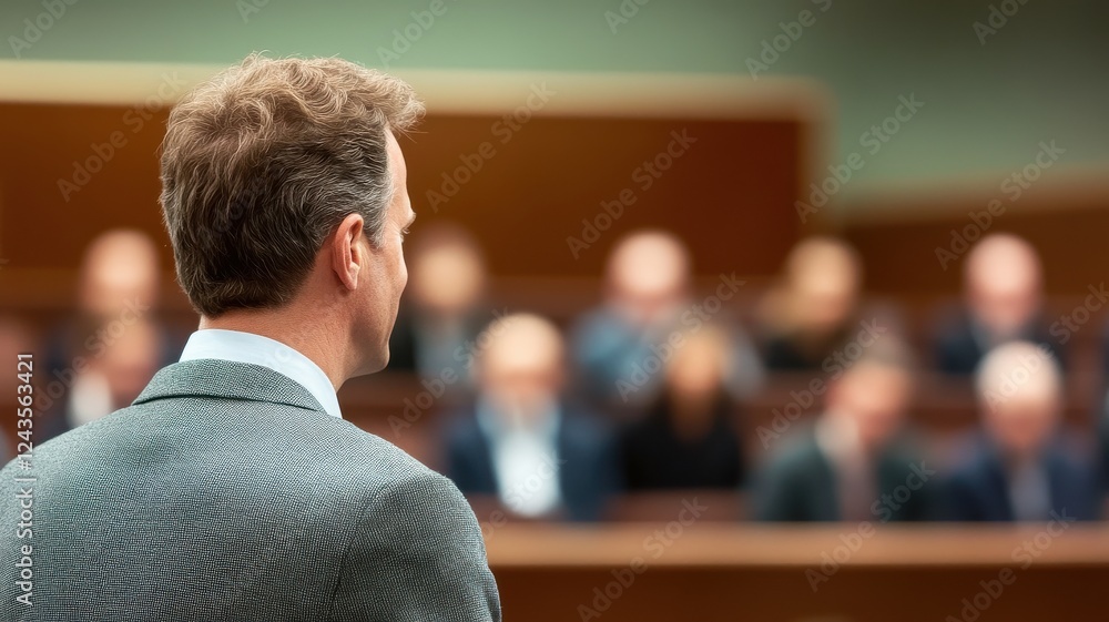 Poster a speaker addresses an audience in a formal setting, emphasizing the importance of communication and