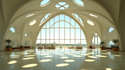 Sunny, modern, open-plan hall with panoramic ocean view