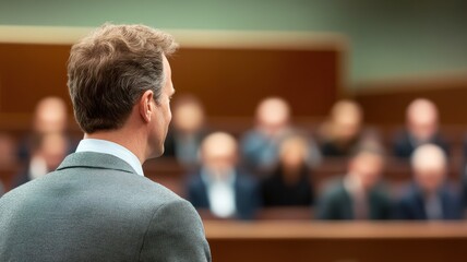 A speaker addresses an audience in a formal setting, emphasizing the importance of communication and engagement in public speaking.