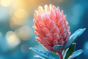 Close-up of a vibrant pink flower with dew drops, set against a blurred background of soft light