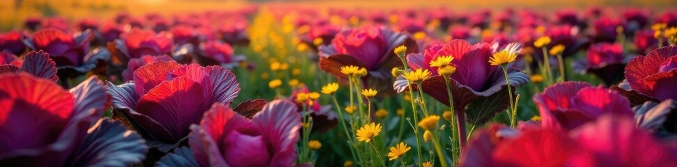 Obraz premium Deep red cabbage leaves surrounding bright yellow wildflowers in a field, flowers in field, spring, blossoms