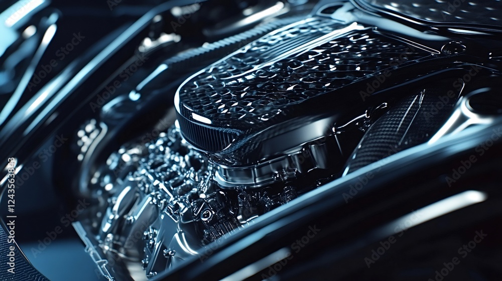 Poster close-up view of a high-performance car engine showcasing intricate metallic components and sleek de