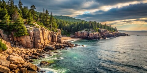 Obraz premium Minimalist Acadia National Park Coastline: Rugged Cliffs & Serene Beaches
