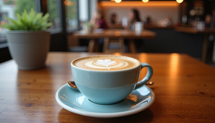 A melange coffee served in a stylish blue cup on a rustic wooden café table.