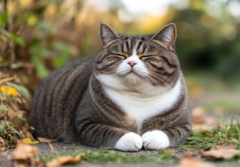 Relaxed tabby cat lounging in a serene garden setting on a sunny autumn day with vibrant leaves scattered around, showcasing happiness and comfort