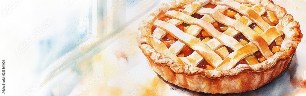 Poster close-up view of a freshly baked apple pie set against a soft watercolor background