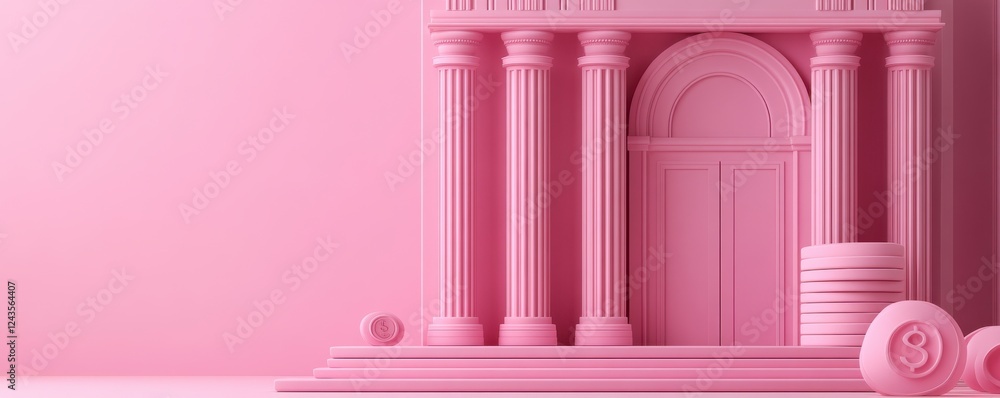 Poster a whimsical pink structure featuring classical columns and a door, creating a playful yet elegant at