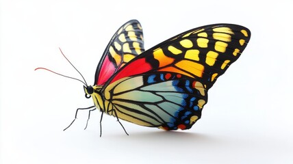 A vibrant butterfly displays an array of colors, showcasing intricate patterns on its wings against a white background.