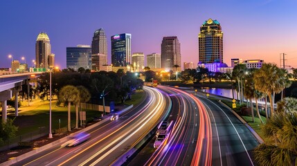 Fototapeta premium Vibrant night highway with light trails stretching towards the illuminated city skyline. The mesmerizing view of a busy thoroughfare at night, where the streaks of light from vehicles create a beautif