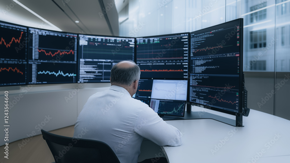 Poster a man working on his computer with multiple screens filled with graphs and charts. he is in a large 