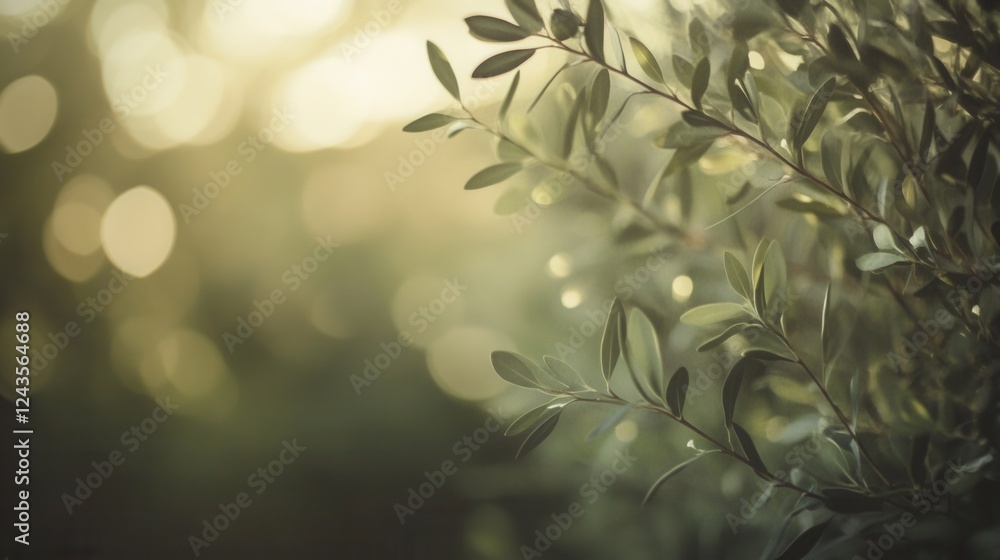Poster soft bokeh lights create a tranquil atmosphere in muted beige and olive hues at dusk