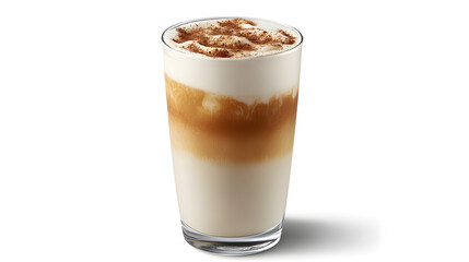 A glass of creamy iced latte with a layer of frothy milk and a dusting of cinnamon on top.