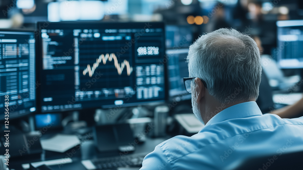 Poster a senior trader monitoring stock market data on multiple computer screens in a bustling trading room