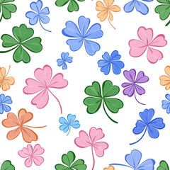 Colorful shamrock seamless pattern featuring various sizes and colors of clovers, creating cheerful and vibrant design
