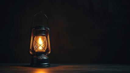 Warm glow of lit kerosene lamp casting a cozy ambiance on the dark gray background, vintage, rustic, kerosene lamp