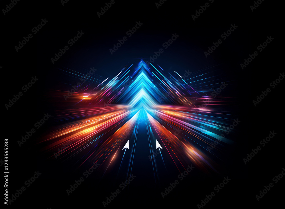 Aufkleber Abstract triangular form bursts with vibrant blue and orange light rays against a dark backdrop, creating a dynamic and energetic visual effect.