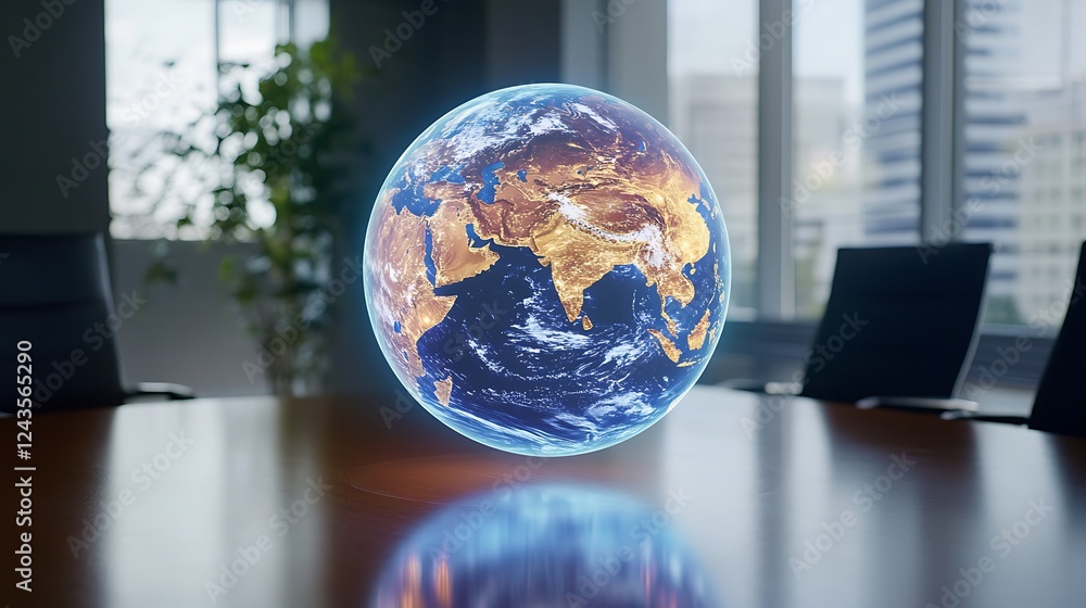 Poster a holographic globe with animated weather patterns, floating in a conference room