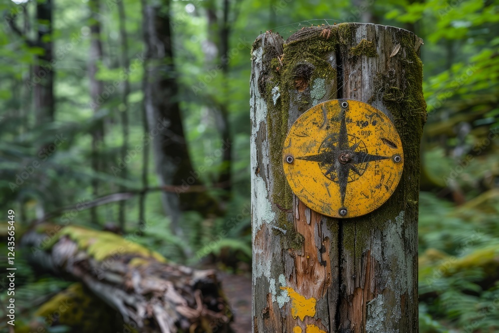 Poster rustic compass marker on a mossy tree stump in a lush forest setting