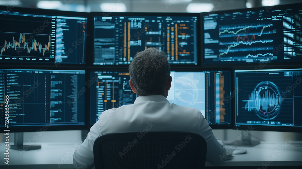 Poster a businessman sits before multiple monitors displaying complex data charts and graphs. he is focused
