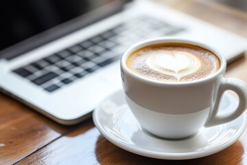 Coffee Cup Next to Laptop on Wooden Table