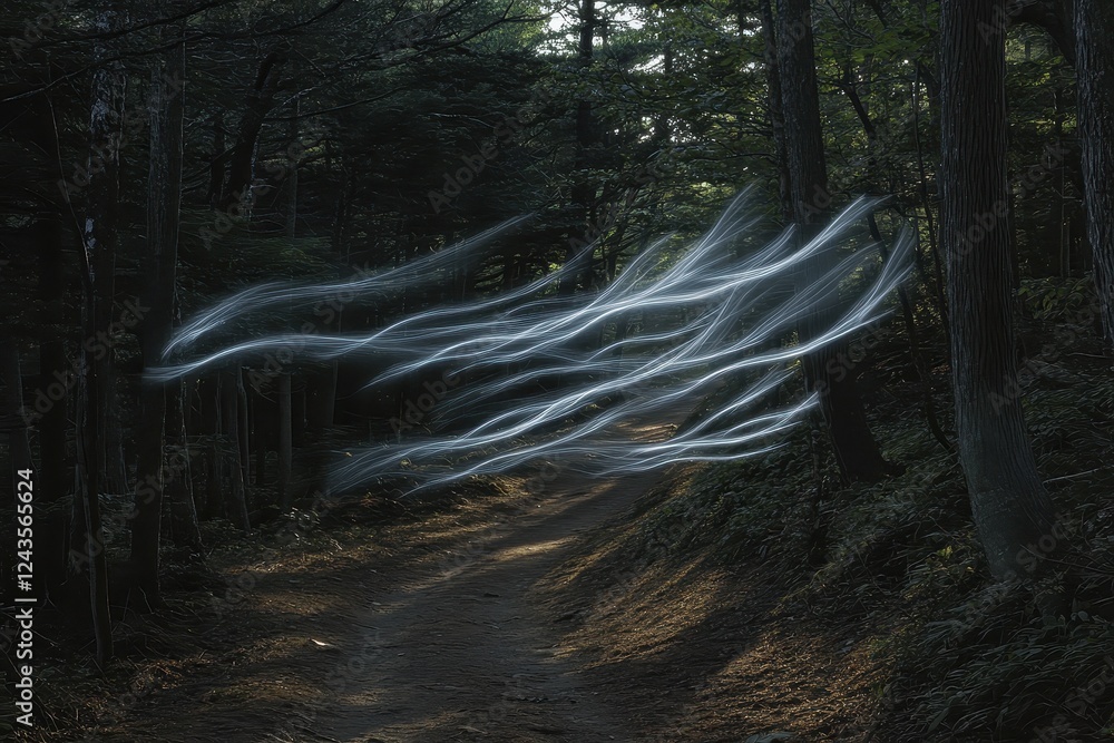 Poster ethereal light trails in a mysterious forest path at dusk