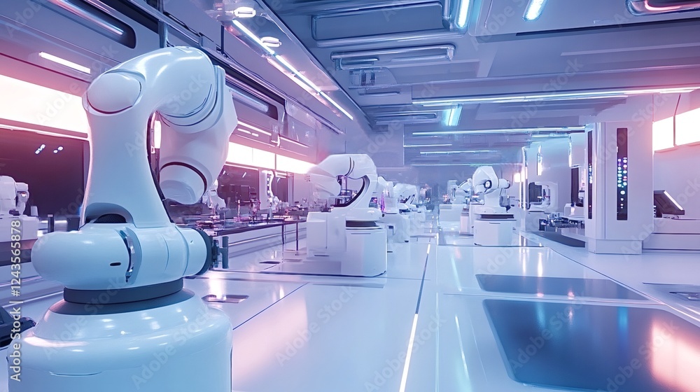 Poster multiple robotic arms are working inside a brightly lit modern laboratory, performing various resear