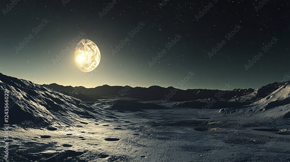 Poster large, luminous moon hangs low in the dark sky, casting a soft glow over a desolate, cratered lunar 