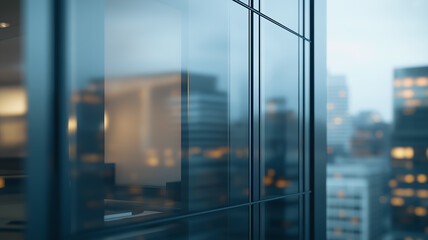 a close-up view of a sleek glass facade of a modern skyscraper reflecting the city lights at night. the building creates a sense of modern sophistication, strength, and ambition.