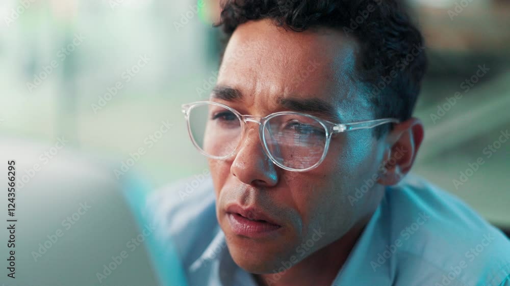 Aufkleber Glasses, man or programmer reading on computer for coding research or cybersecurity update. Reflection, server script or developer on technology for web development, programming or building software