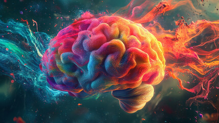 Obraz premium A visually chaotic interpretation of a brain, with vibrant colors and swirling forms, conveying the feeling of mental chaos and disarray