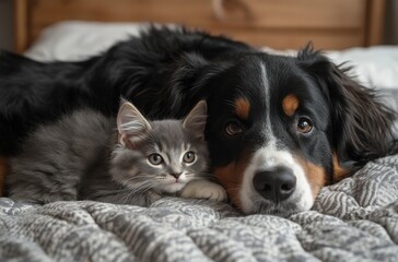 Sweet Companionship Between a Playful Kitten and a Gentle Dog Nestled Together on a Cozy Bedspread in a Warm Indoor Environment