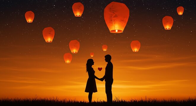 Romantic Couple Silhouette with Sky Lanterns at Sunset