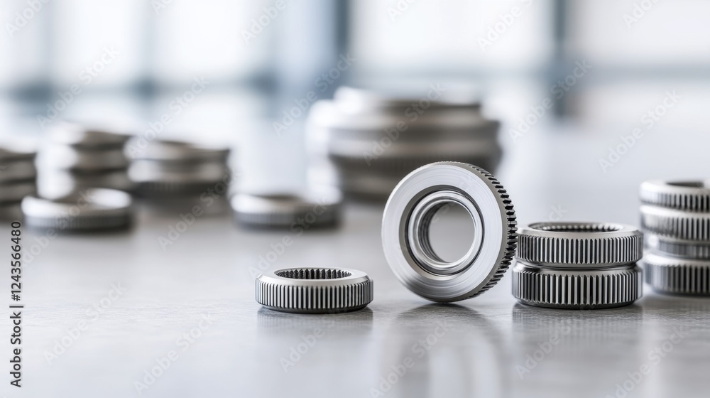 Poster close-up view of precision metal gears and cogs on a smooth surface in bright modern workshop enviro