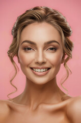 Naklejka premium Beautiful woman with perfect skin on pink background