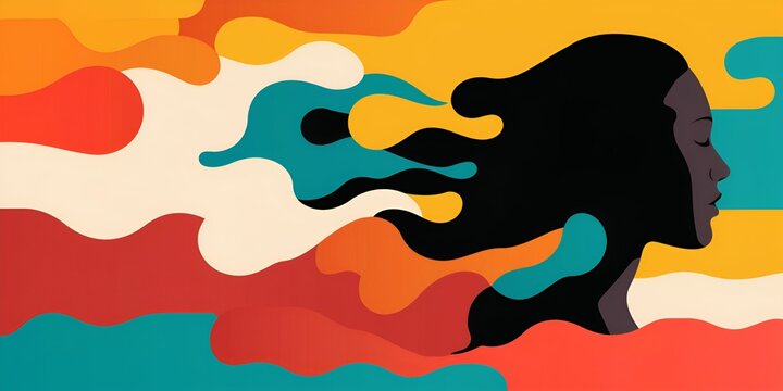 Health info tips concept. Silhouette of a woman with flowing hair against a vibrant, colorful background.