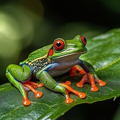 Obraz premium Vibrant red-eyed tree frog perched on a green leaf amidst lush foliage, showcasing its vivid colors in a tropical rainforest