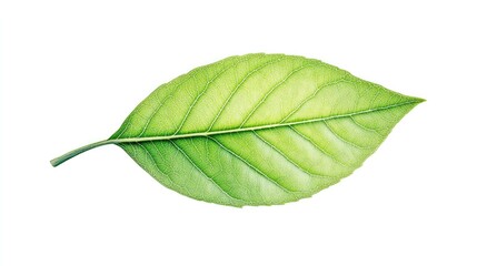 Obraz premium Close-up of a vibrant green leaf showcasing intricate vein patterns against a white background