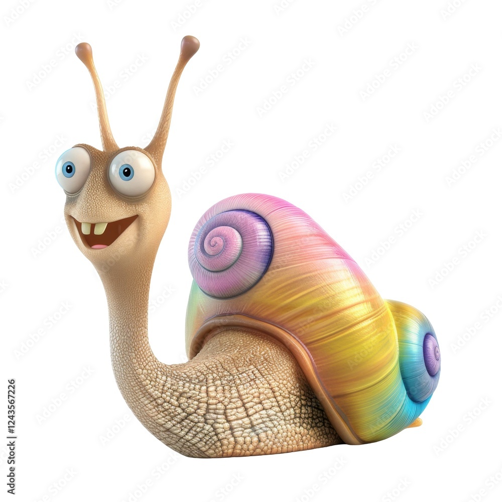 Poster cartoon snail with colorful shell and wide-eyed expression smiles happily at the viewer