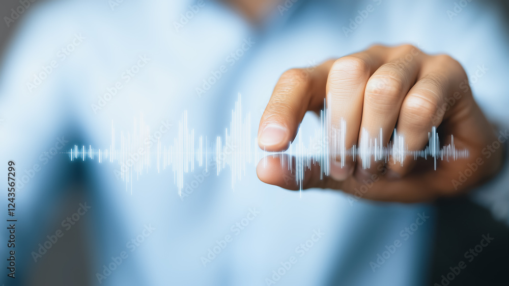 Poster hand interacting with a digital sound wave. the image evokes a sense of technological advancement an