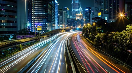 Naklejka premium Vibrant night highway with light trails stretching towards the illuminated city skyline. The mesmerizing view of a busy thoroughfare at night, where the streaks of light from vehicles create a beautif