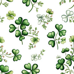 Seamless pattern featuring various green shamrocks and leaves on white background, evoking fresh and vibrant feel