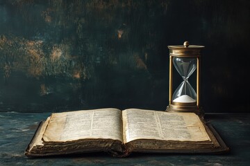 Naklejka premium Antique Book With Open Pages Beside Vintage Hourglass on Table
